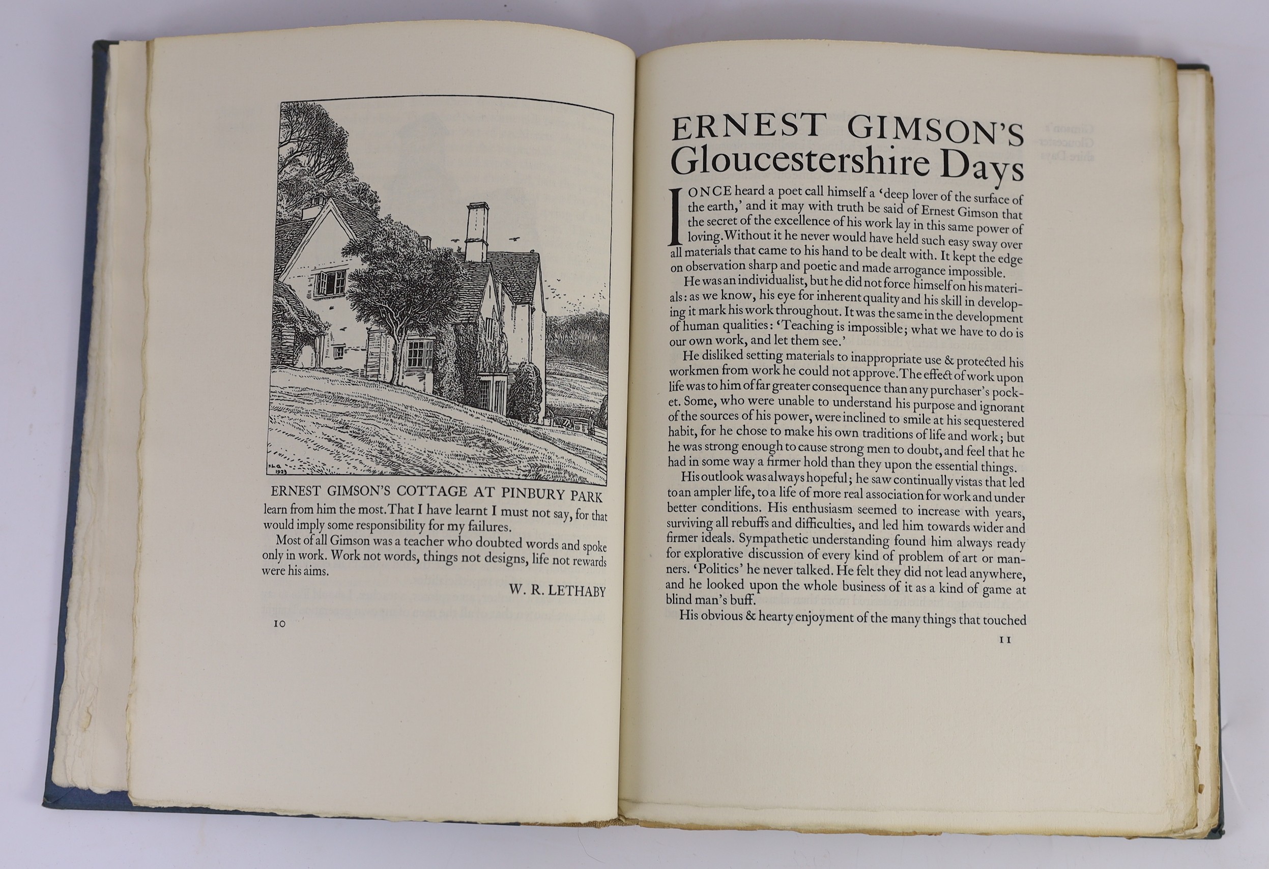 Lethaby, W. R, Powell, A.H and Griggs, F.L - Ernest Gimson: His Life and Work, one of 500, 4to, blue boards with linen spine, with engraved title, 60 plates by Emery Walker & errata slip, deckle edged leaves, Shakespeare
